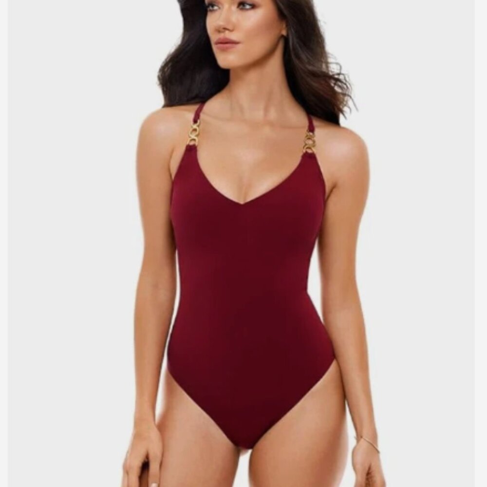 Amoressa Ring Me Up Echo Underwire Bra One Piece Burgundy Swimsuit Size 12
